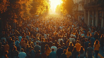 Obraz premium Crowd gathers in a vibrant city street during sunset celebration filled with joy and energy