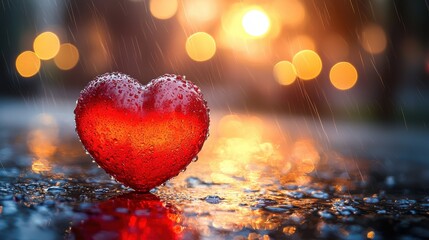 A vibrant red heart glistens in the rain on a wet surface during sunset, with glowing bokeh lights in the background