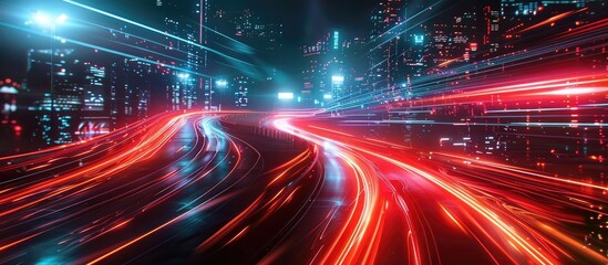 Obraz premium Vibrant Futuristic Cityscape with Luminous Traffic Trails and Surging Vehicular Movement