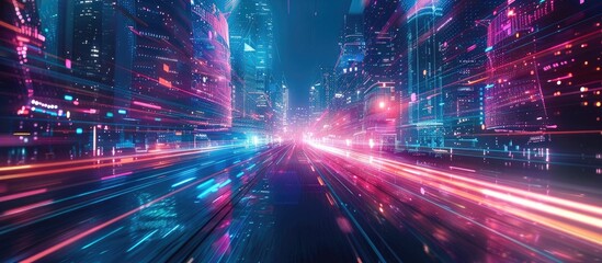 A breathtaking fast paced digital cityscape ablaze with vibrant neon lights shimmering illumination and a sense of futuristic cyberpunk inspired energy  The image evokes a visionary