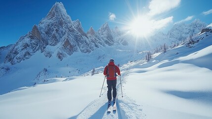 A skier traverses a snowy landscape under a bright sun, surrounded by majestic mountains.
