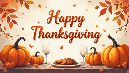 Thanksgiving dinner table with pumpkins and fall leaves in pastel art style featuring soft Happy Thanksgiving text.