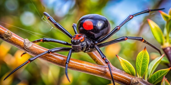 A venomous western black widow spider, Latrodectus hesperus, perches on a shrub branch, displaying its black body with