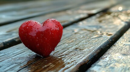 Fototapeta premium A vibrant red heart resting on a wet wooden surface after the rain in a serene outdoor setting