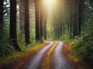 Obraz premium forest landscape curved secondary road through the forest adventure and discovery.