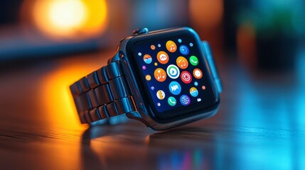 A smartwatch displaying various app icons on a wooden surface with warm lighting.