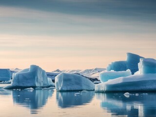 Serene Arctic Landscape with Icebergs and Calm Waters.
