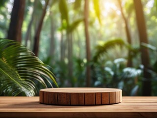 Wooden podium in tropical forest for product.