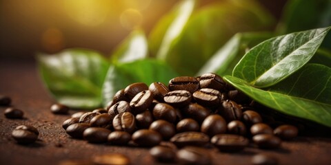 Fototapeta premium Fresh coffee beans with green leaf on rusty background.
