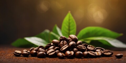 Fototapeta premium Fresh coffee beans with green leaf on rusty background.