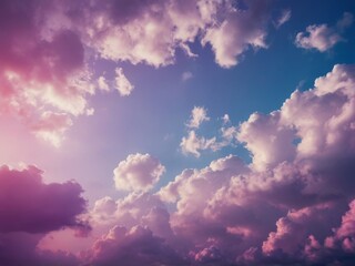 A colorful background with a blue sky and purple clouds.