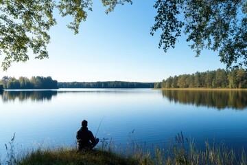 Fototapeta premium A person with a hearing aid enjoys a quiet day fishing by a serene lake, surrounded by nature with calm water and a clear sky creating a peaceful atmosphere