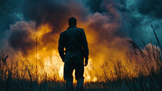 A man walking towards a forest fire
