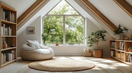 Cozy attic space with natural light, bean bag, and greenery for relaxation and leisure.