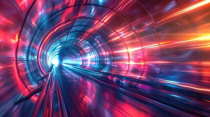 Obraz premium Dazzling motion blur effect in a futuristic neon lit tunnel filled with vibrant light energy and a sense of speed and This abstract