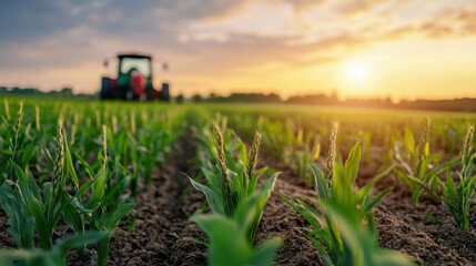 Fototapeta premium A tractor working in a green cornfield during sunrise, illustrating early morning farm work and agricultural practices.