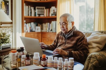 A senior patient uses a laptop for a telehealth consultation as the doctor explains medication, with the patient sitting comfortably in their living room, blending modern