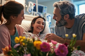 A family gathers around a hospital patient, who smiles and holds hands with loved ones, surrounded by flowers and a sense of warmth and support.