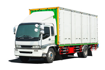 Container Trucks on White Background. Express Delivery, Shipping Cargo Container. Economical Transportation Business. Commercial Truck Transport. Diesel Truck. Logistics Freight Truck Transportation.