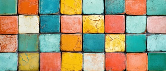 Background with a patchwork of colorful ceramic tiles, each one a different vibrant shade like teal, coral, and goldenrod, arranged in an alternating grid. 
