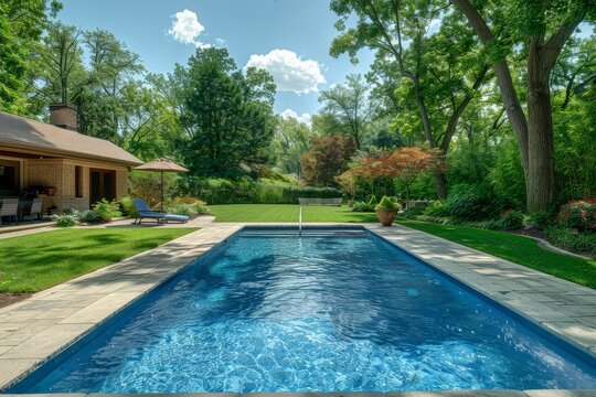 Simple Pool in Upper Middle Class Home Backyard, Blue Rectangular Swimming Pool, Large Lawn, Seating Table, Tree-Lined Background, Summer Time, High Resolution