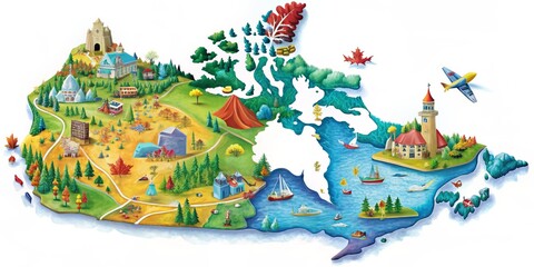 Obraz premium A vibrant, detailed map of Canada with colorful provinces and territories, including coastlines, borders, and iconic