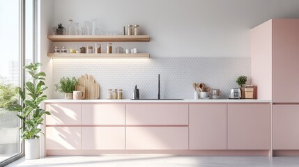 Minimalist kitchen featuring pastel pink cabinetry, sleek white countertops, and geometric backsplash tiles for a soft, modern look