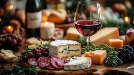 A Beautifully Arranged Glass of Red Wine with an Exquisite Cheese Platter Perfect for Romantic Evenings and Gatherings