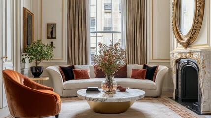 Opulent living room with velvet seating, a marble coffee table, a large gold-framed mirror, and elegant drapes framing a large window.