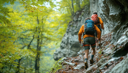 Two male hikers walking up rocky trail in lush green forest