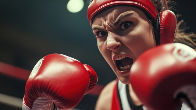 A female boxing referee in the middle of a boxing match, making a decisive call, with intense focus