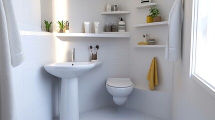 Small-space bathroom with a corner shower, pedestal sink, and creative shelving to maximize functionality in a limited area