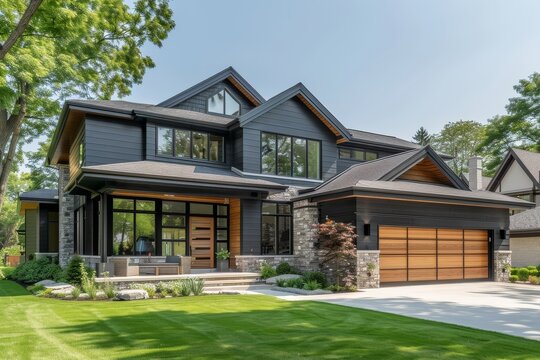 Sleek Modern Two-Story Scandinavian Home with Dark Gray Gable Roof, Large Windows, Light Grey Walls, Stone Accents, Wood Grain Garage Door, Surrounded by Green Grass and Trees
