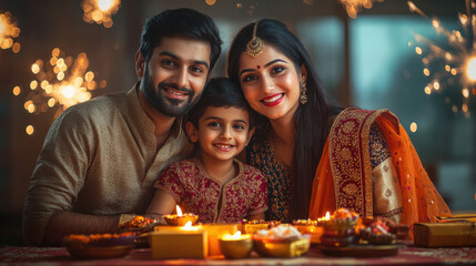 happy indian family celebrating diwali festival together at home