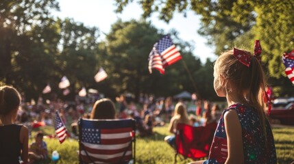American culture and traditions during the Fourth of July, capturing a community concert in a park with patriotic songs and dances