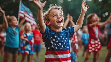 American culture and traditions during the Fourth of July, capturing a community concert in a park with patriotic songs and dances