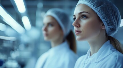 Two women scientists wearing protective masks and caps in a laboratory, looking confidently into the camera. Concept of teamwork in medical research.