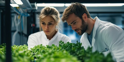 Two scientists in masks and gloves inspecting lettuce in a high-tech indoor farm. Concept of agricultural innovation and food safety.
