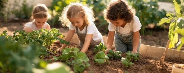 Children learning to farm in a community garden, representing the future of sustainable agriculture and environmental stewardship