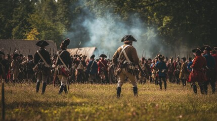 American Revolutionary War reenactment on the Fourth of July, with actors in colonial uniforms, recreating a battle scene in a field setting