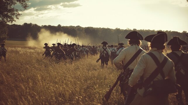 American Revolutionary War reenactment on the Fourth of July, with actors in colonial uniforms, recreating a battle scene in a field setting