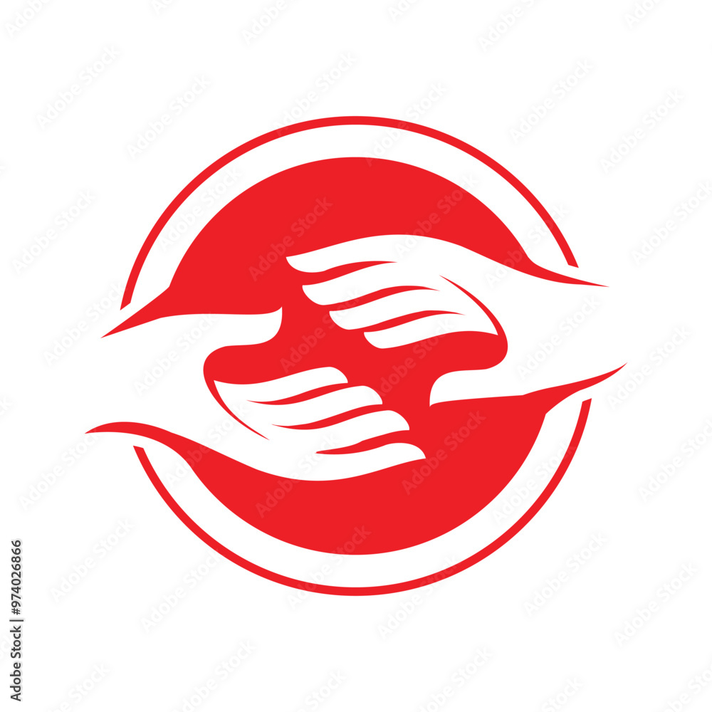 Aufkleber this is a simple flat logo in red color that depicts two hands reaching each other on a round shape 
