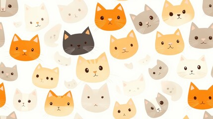 Obraz premium Cute cartoon-style seamless pattern of smiling cat faces in pastel colors, isolated on white. Perfect for children's designs or nursery decor.