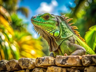 Fototapeta premium A vibrant green iguana perches on a worn stone wall, its scaly skin glistening in the warm sunlight,