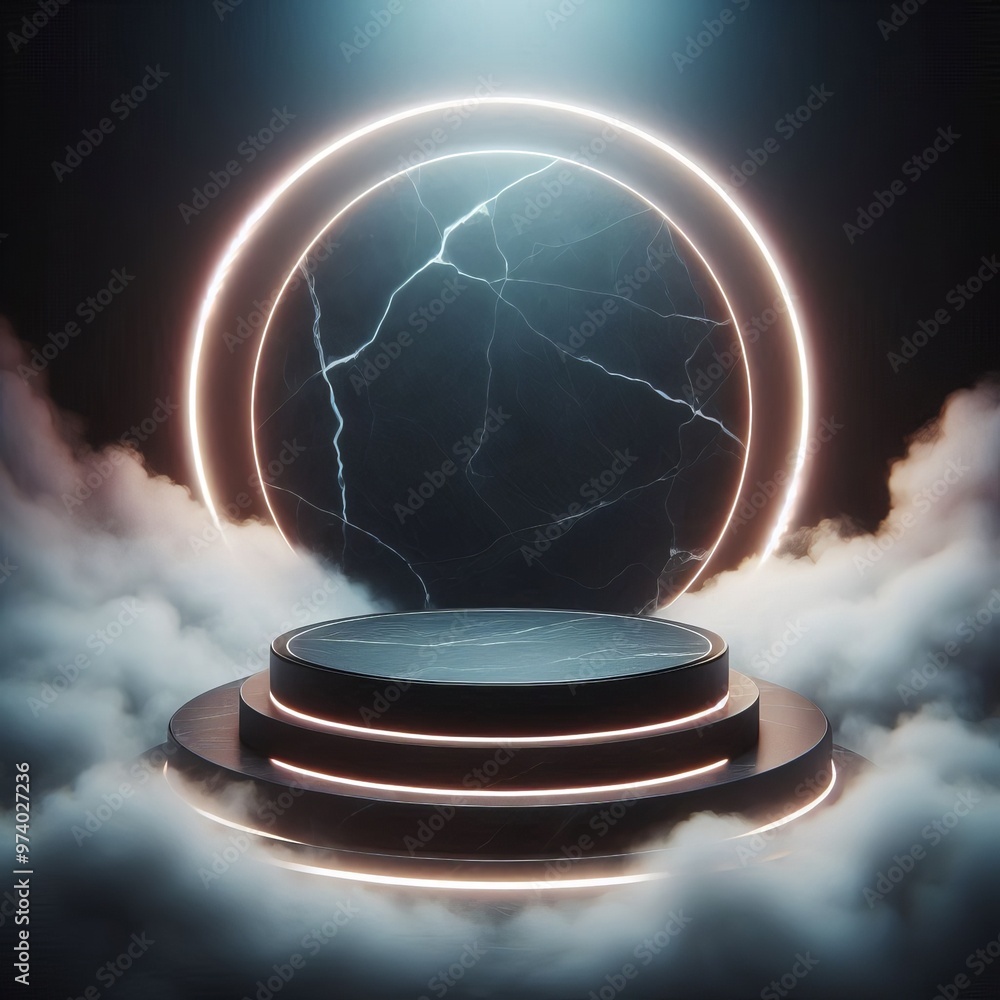 Poster 3d render of a shiny podium with a spotlight in a colorful neon abstract space setting