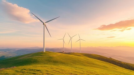 Wind turbines on a green hill providing clean energy to a self-reliant community, showcasing renewable energy independence
