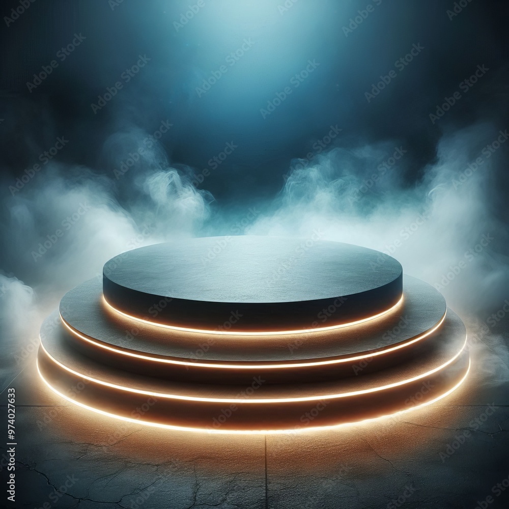 Poster 3d render of a shiny podium with a spotlight in a colorful neon abstract space setting