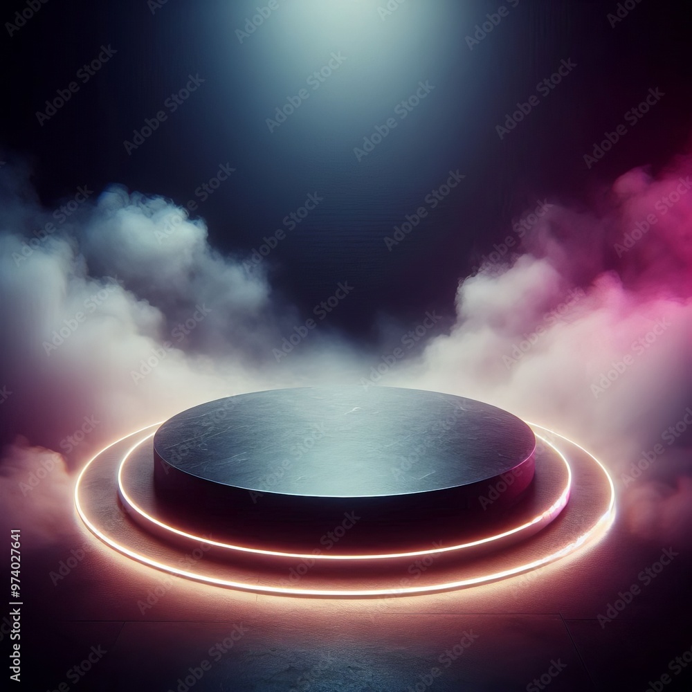 Poster 3d render of a shiny podium with a spotlight in a colorful neon abstract space setting