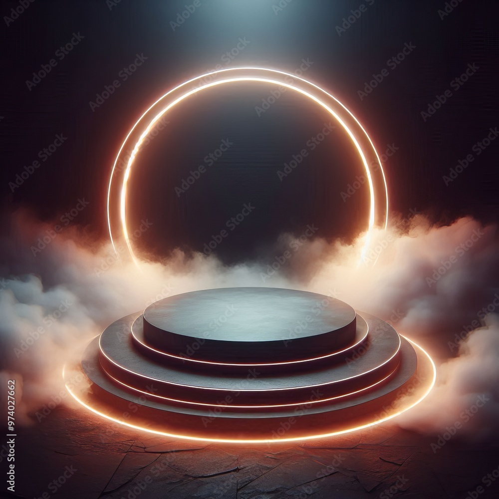 Poster 3d render of a shiny podium with a spotlight in a colorful neon abstract space setting