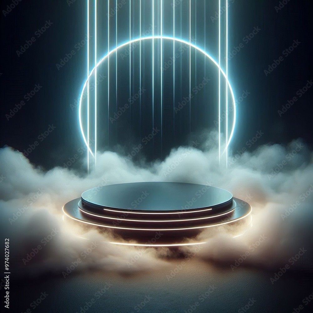 Poster 3d render of a shiny podium with a spotlight in a colorful neon abstract space setting